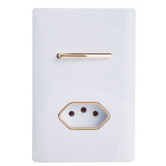 Conjunto Interruptor Simples + Tomada 10A 4x2 - Novara Branco Brilhante Gold